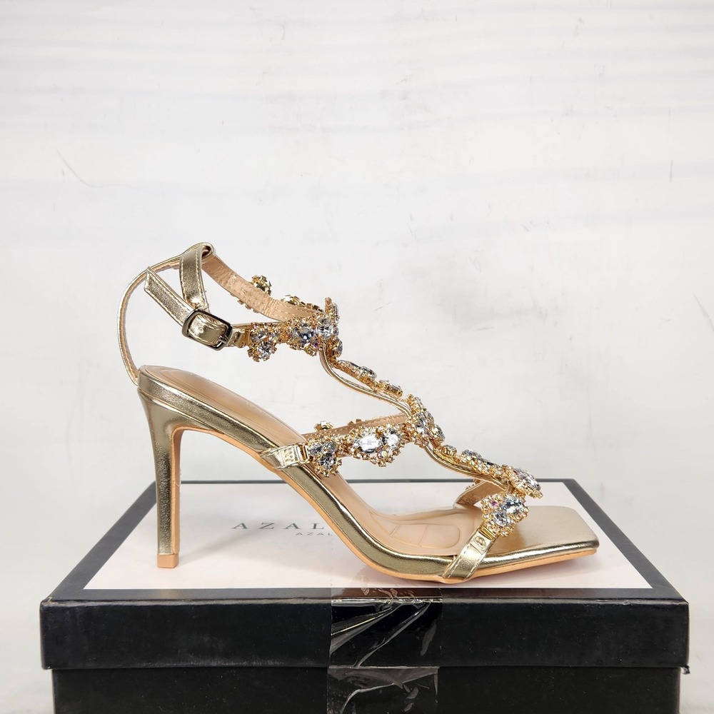 AZALEA WANG Stiletto Sandal Women Size 7 Gold Rhinestone Embellished Zeta